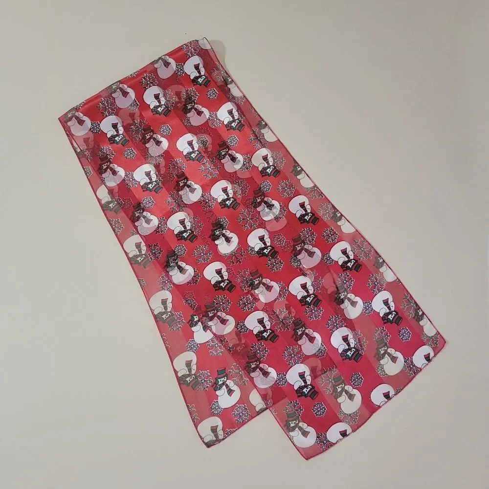 Silk Feel Red And White Snowman Oblong Scarf